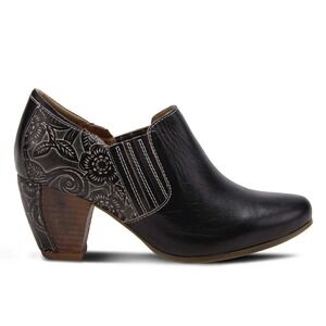 Spring Step L'Artiste Leatha-B Black Leather Floral Embossed Ankle Boots Size 39